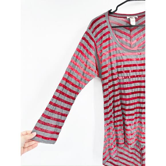 Sundance Mystic Stripe Burn Out Long Sleeve Asymmetric Red Grey Hi-Low Tunic Top - Picture 3 of 4